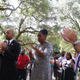 From left to right: LSU board member James Williams; Baton Rouge City Council member Tara Wicker; and LSU system president and LSU chancellor F. King Alexander listen to students at the LSU sign making and information meeting